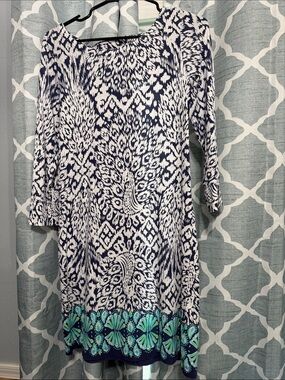 Lilly Pulitzer Navy and White Printed Tunic with Aqua Border